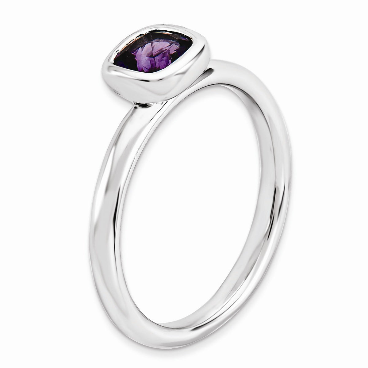 Alternate view of the Sterling Silver & Amethyst Stack 5mm Cushion Cut Solitaire Ring, Sz 5 by The Black Bow Jewelry Co.