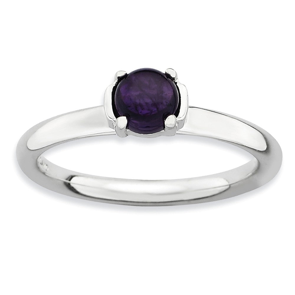 Sterling Silver & Amethyst 5mm Round Cabochon Solitaire Stackable Ring, Item R8869 by The Black Bow Jewelry Co.