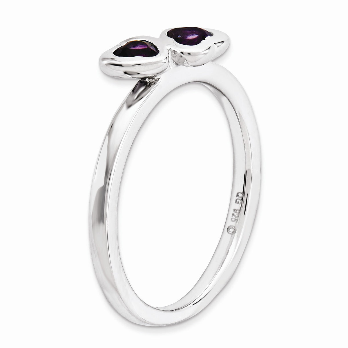 Alternate view of the Rhodium Plated Sterling Silver & Amethyst Stackable 2 Stone Heart Ring by The Black Bow Jewelry Co.
