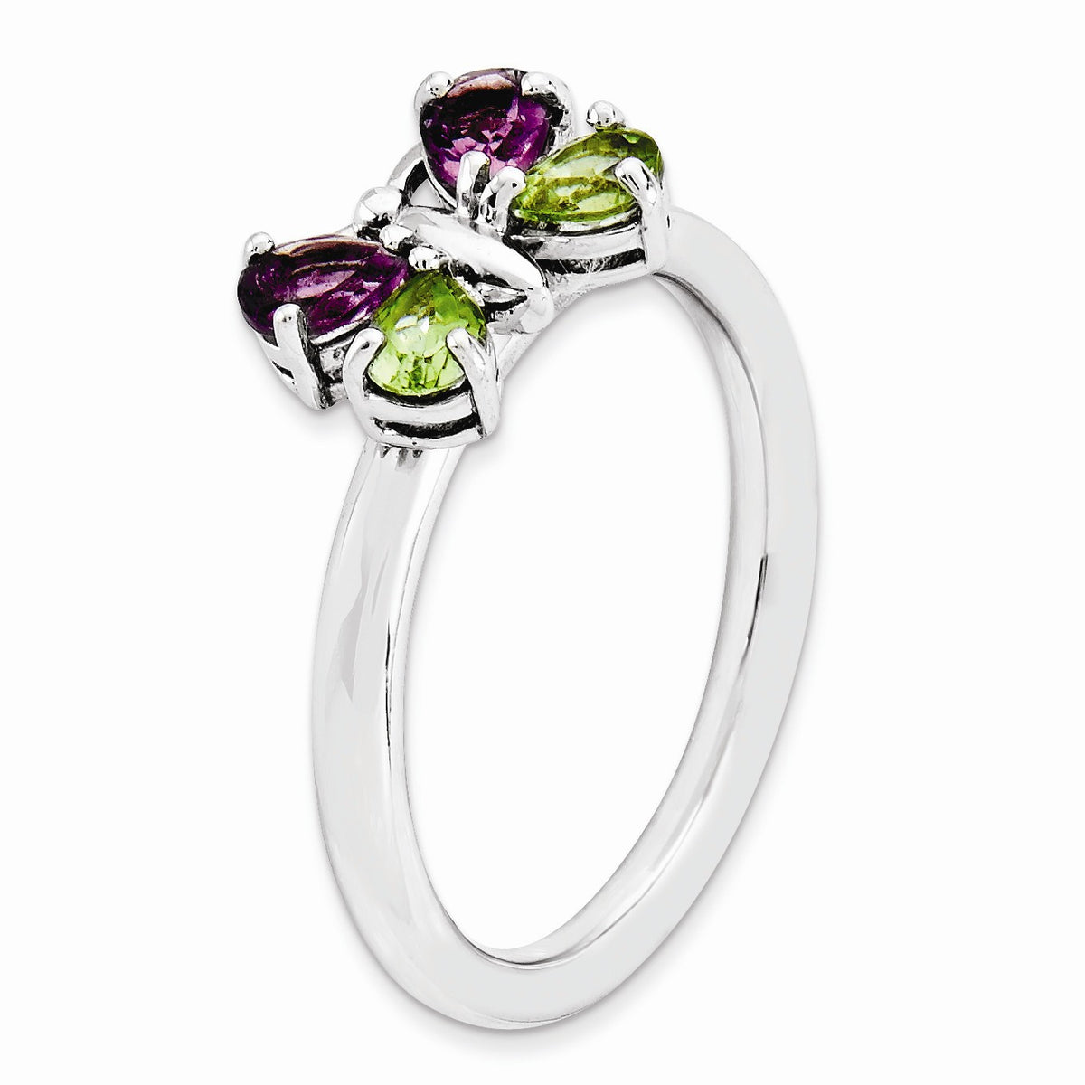 Alternate view of the Sterling Silver Peridot and Amethyst Stackable Gemstone Butterfly Ring by The Black Bow Jewelry Co.