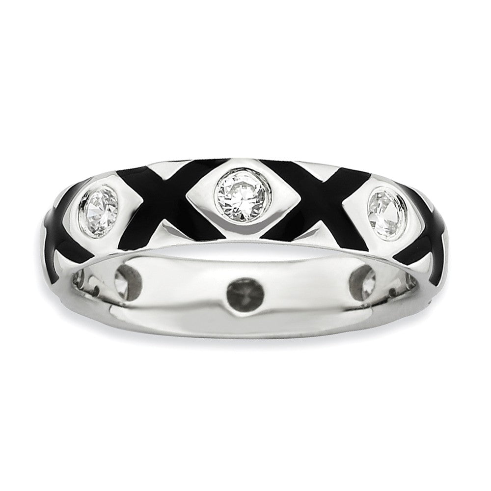 Sterling Silver, Black Enamel &amp; CZ Hugs &amp; Kisses Stackable Band, Item R8895 by The Black Bow Jewelry Co.
