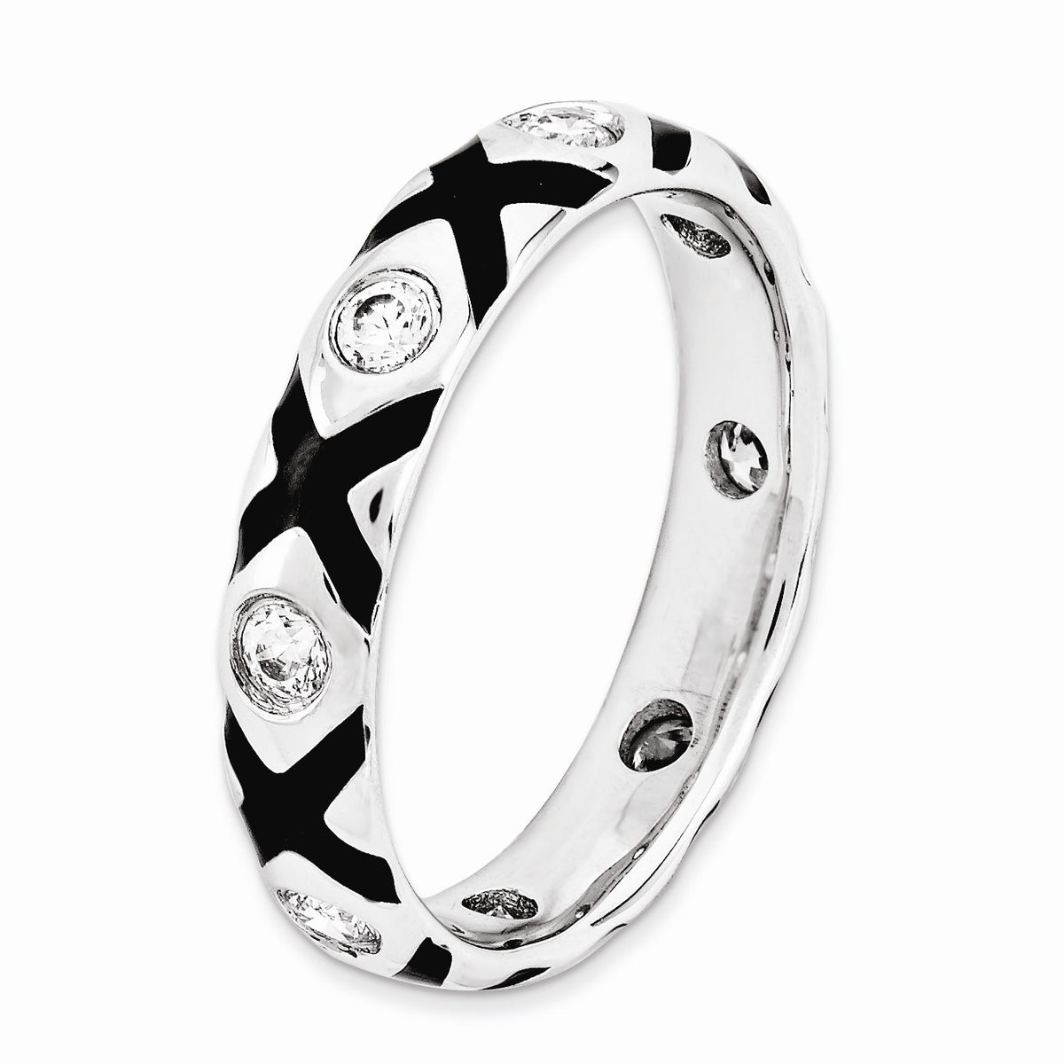 Alternate view of the Sterling Silver, Black Enamel & CZ Hugs & Kisses Stackable Band by The Black Bow Jewelry Co.