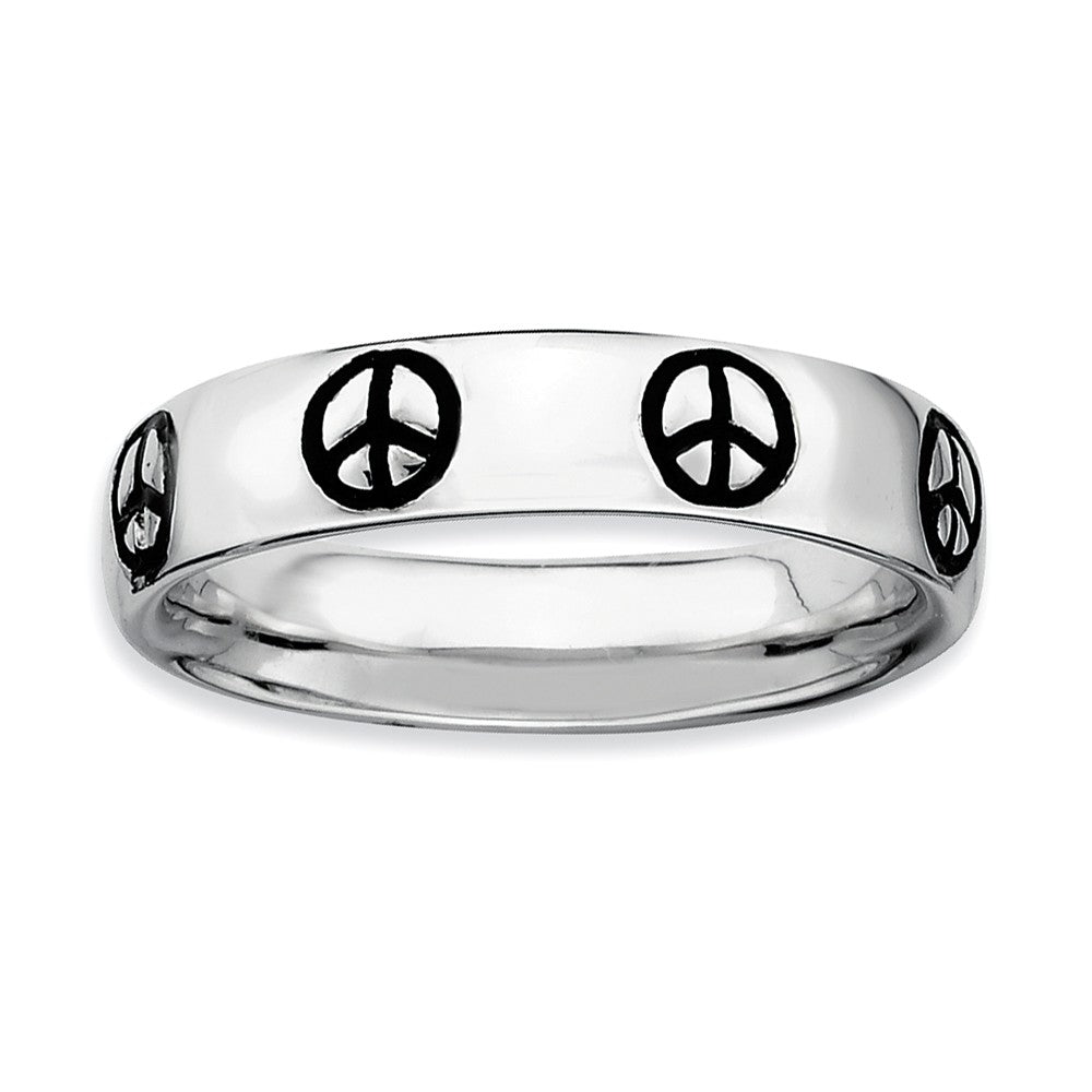 Rhodium Plate Sterling Silver & Black Enamel Stackable Peace Sign Band, Item R8899 by The Black Bow Jewelry Co.