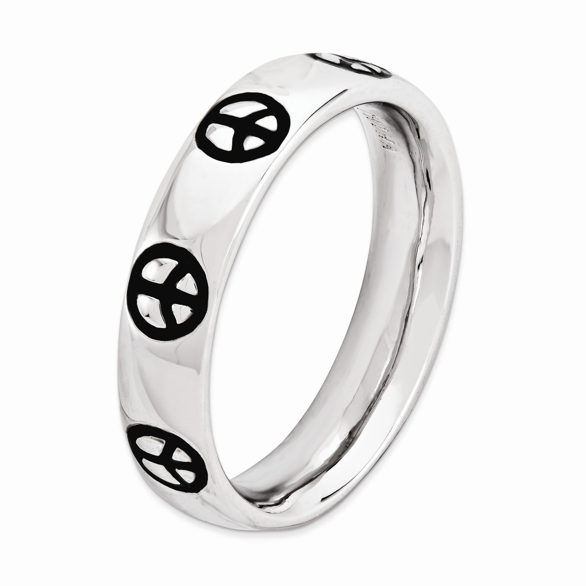 Alternate view of the Rhodium Plated Sterling Silver & Black Enamel Peace Sign Band, Size 5 by The Black Bow Jewelry Co.