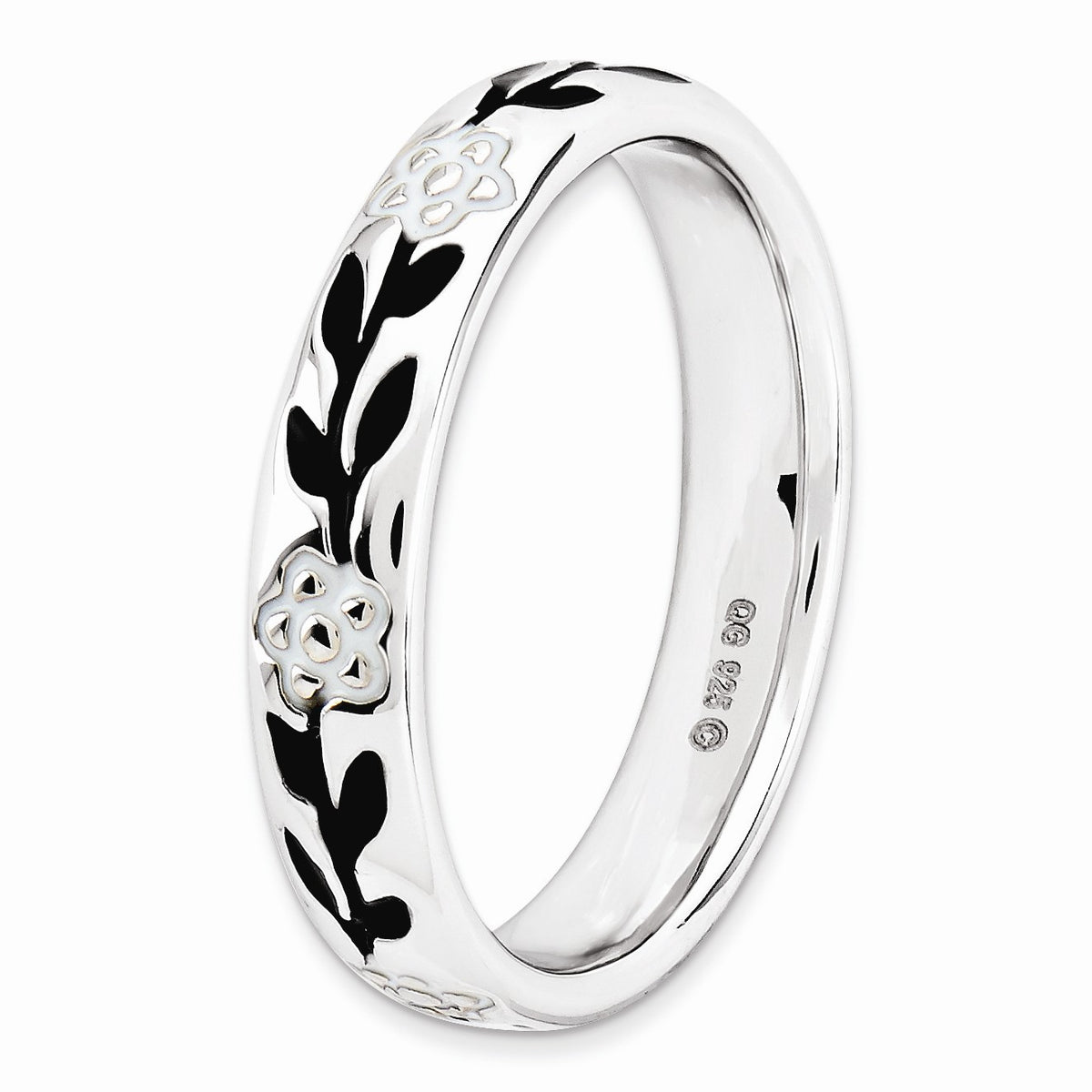 Alternate view of the Sterling Silver, Black and White Enameled Full Flower Band, Size 5 by The Black Bow Jewelry Co.