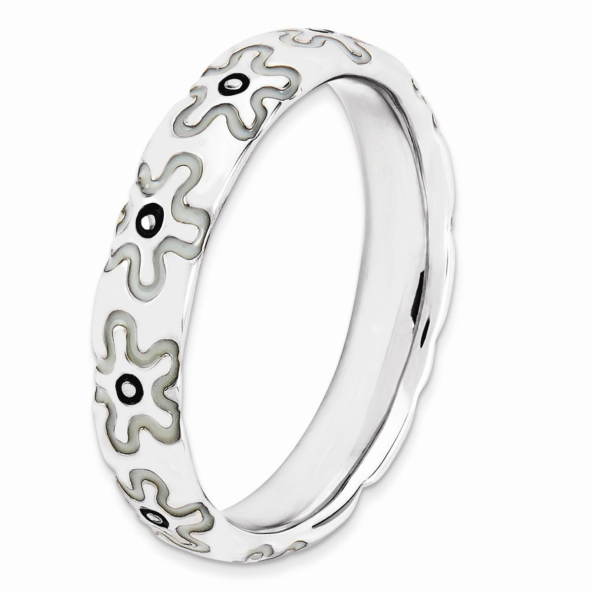 Alternate view of the Sterling Silver, Black and White Enameled Stackable Flower Band by The Black Bow Jewelry Co.