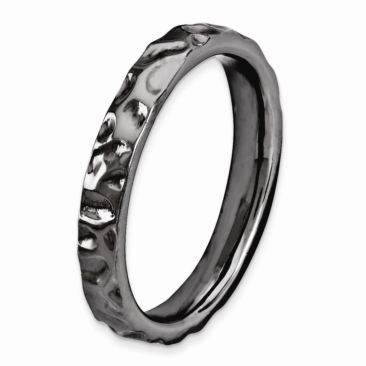 Alternate view of the 3.25mm Black Plated Sterling Silver Stackable Hammered Polished Band by The Black Bow Jewelry Co.