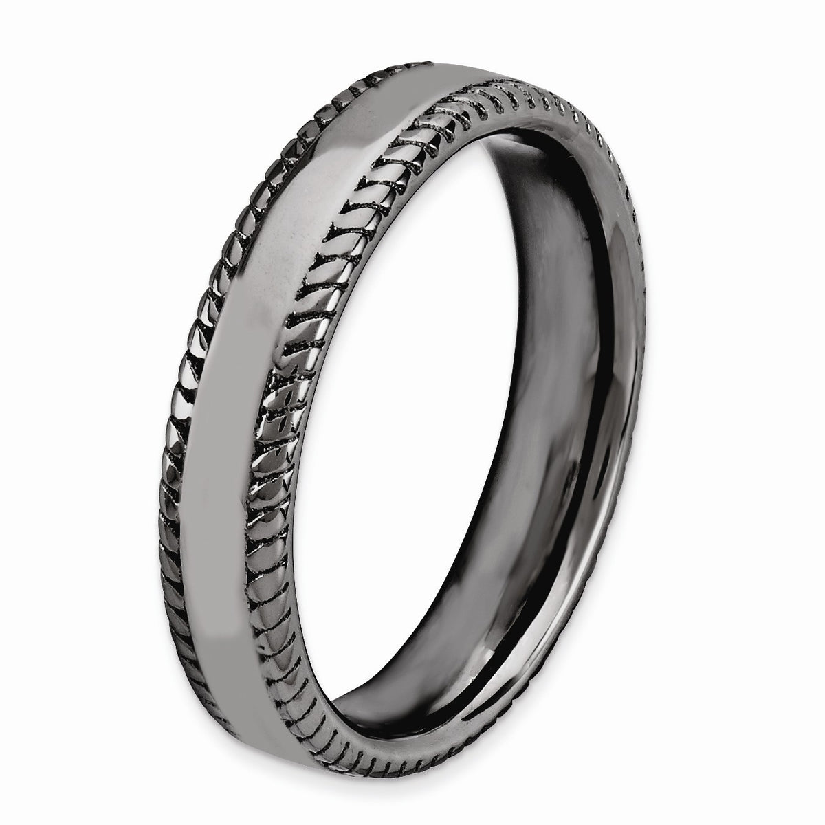 Alternate view of the Black Plated Sterling Silver Stackable Rope Edged 4.25mm Band, Size 5 by The Black Bow Jewelry Co.