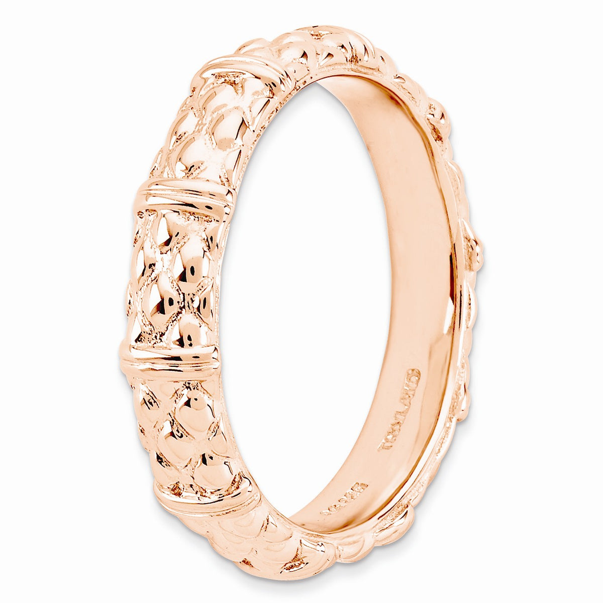 Alternate view of the 14k Rose Gold Plated Sterling Silver Divided Pattern 4.25mm Stack Band by The Black Bow Jewelry Co.