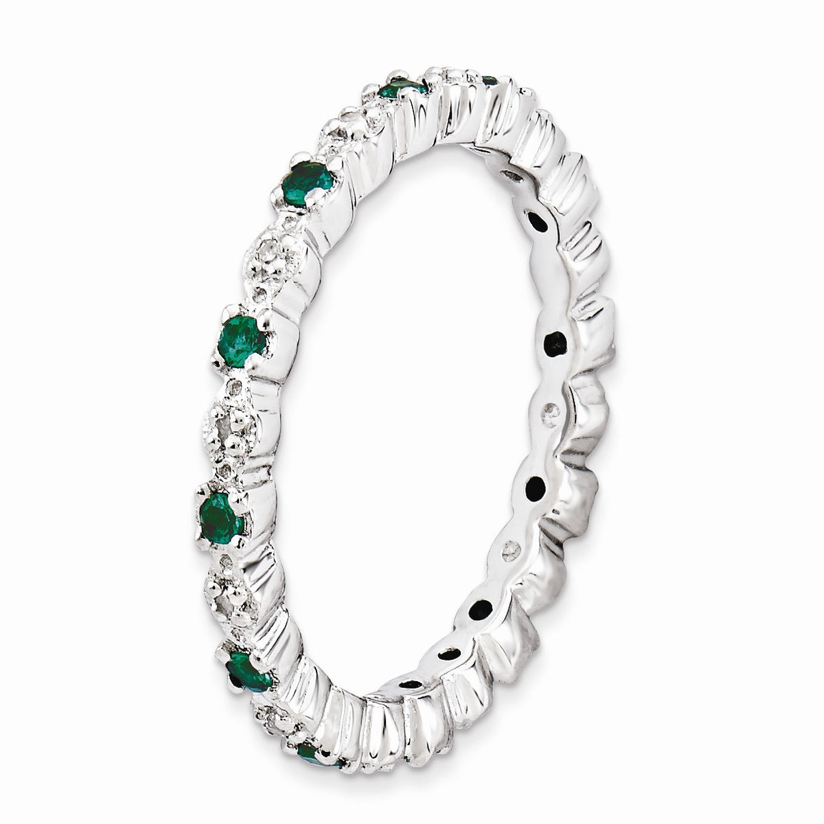 Alternate view of the 2.25mm Stackable Created Emerald & .04 Ctw HI/I3 Diamond Silver Band by The Black Bow Jewelry Co.