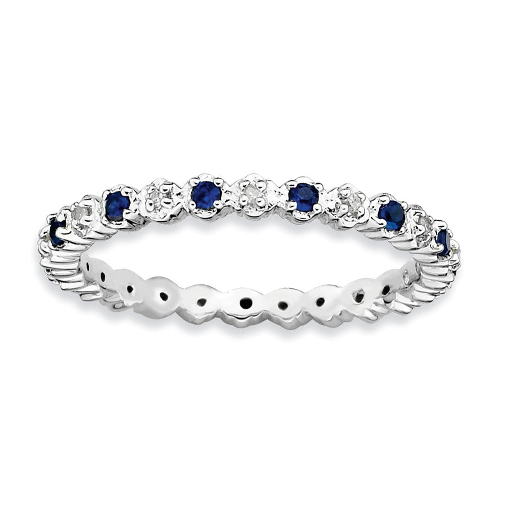 2.25mm Stackable Created Sapphire & .04 Ctw HI/I3 Diamond Silver Band, Item R9037 by The Black Bow Jewelry Co.