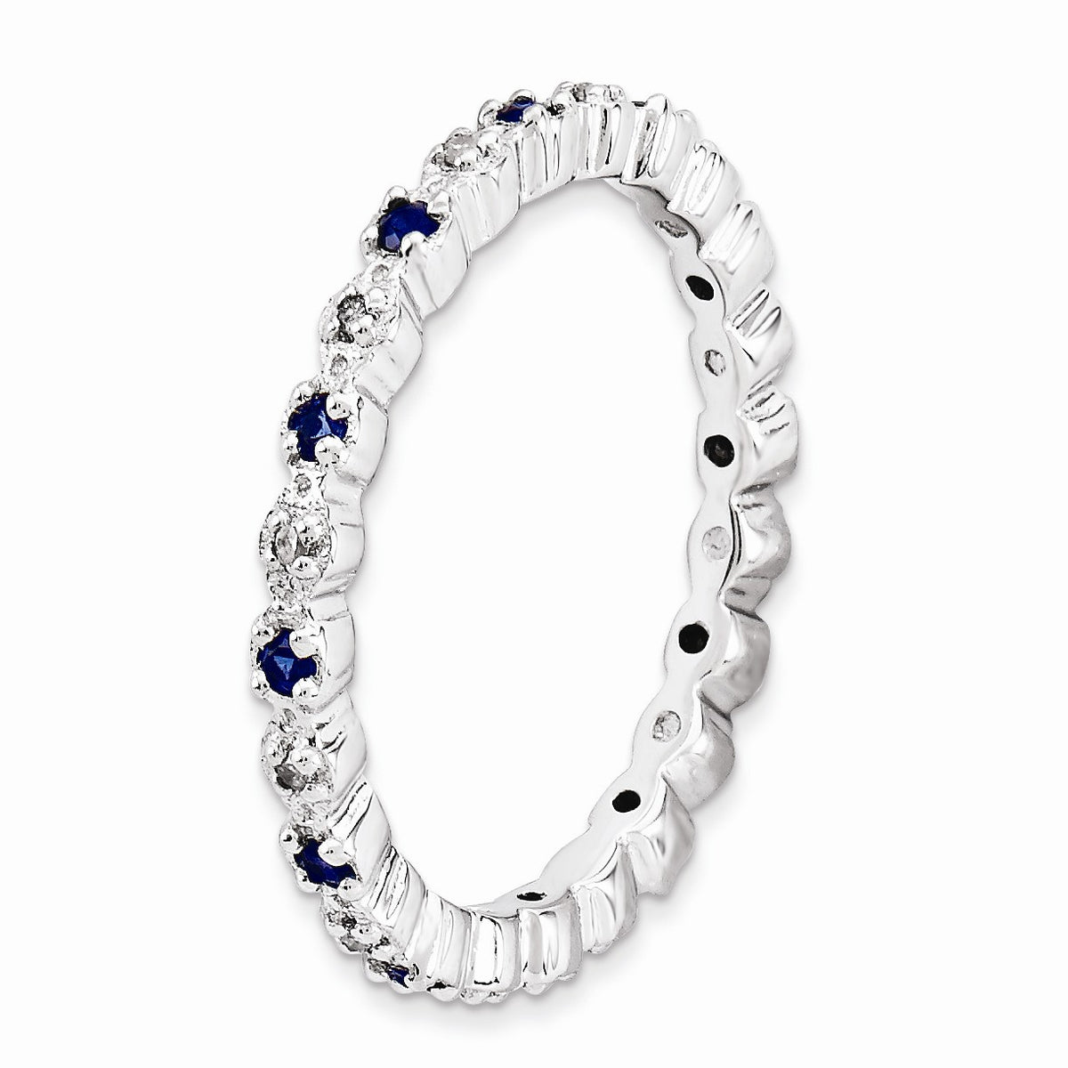 Alternate view of the 2.25mm Stackable Created Sapphire & .04 Ctw HI/I3 Diamond Silver Band by The Black Bow Jewelry Co.