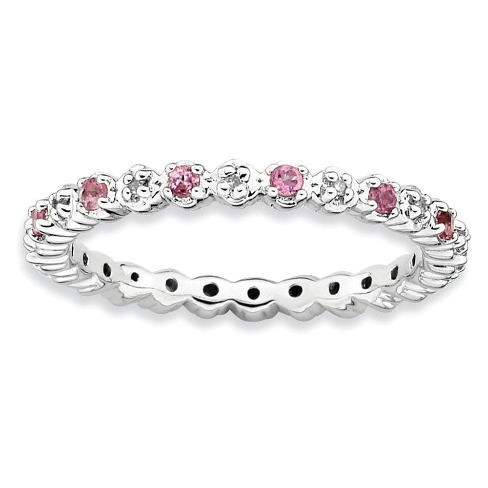 2.25mm Stackable Pink Tourmaline & .04Ctw HI/I3 Diamond Silver Band, Item R9038 by The Black Bow Jewelry Co.