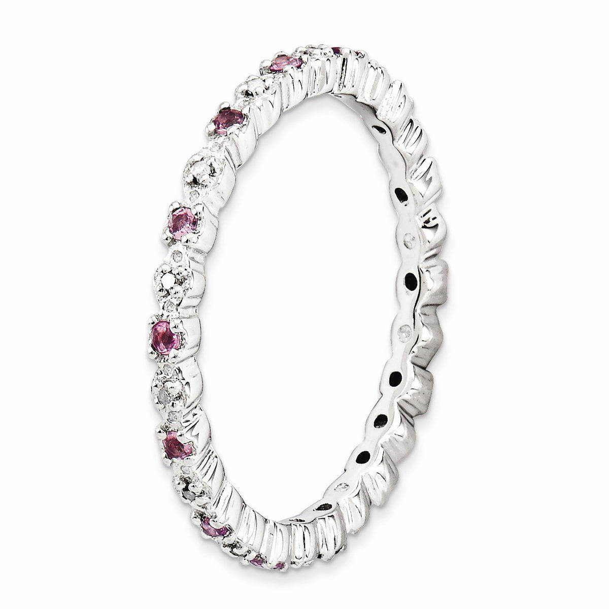 Alternate view of the 2.25mm Stackable Pink Tourmaline & .04Ctw HI/I3 Diamond Silver Band by The Black Bow Jewelry Co.