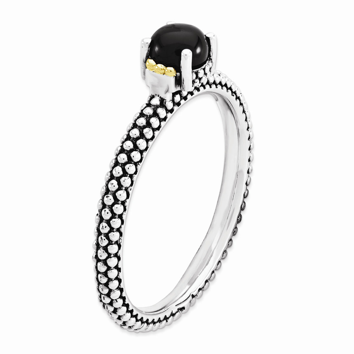 Alternate view of the Antiqued Sterling Silver & 14K Gold Plated Stackable Onyx Ring by The Black Bow Jewelry Co.
