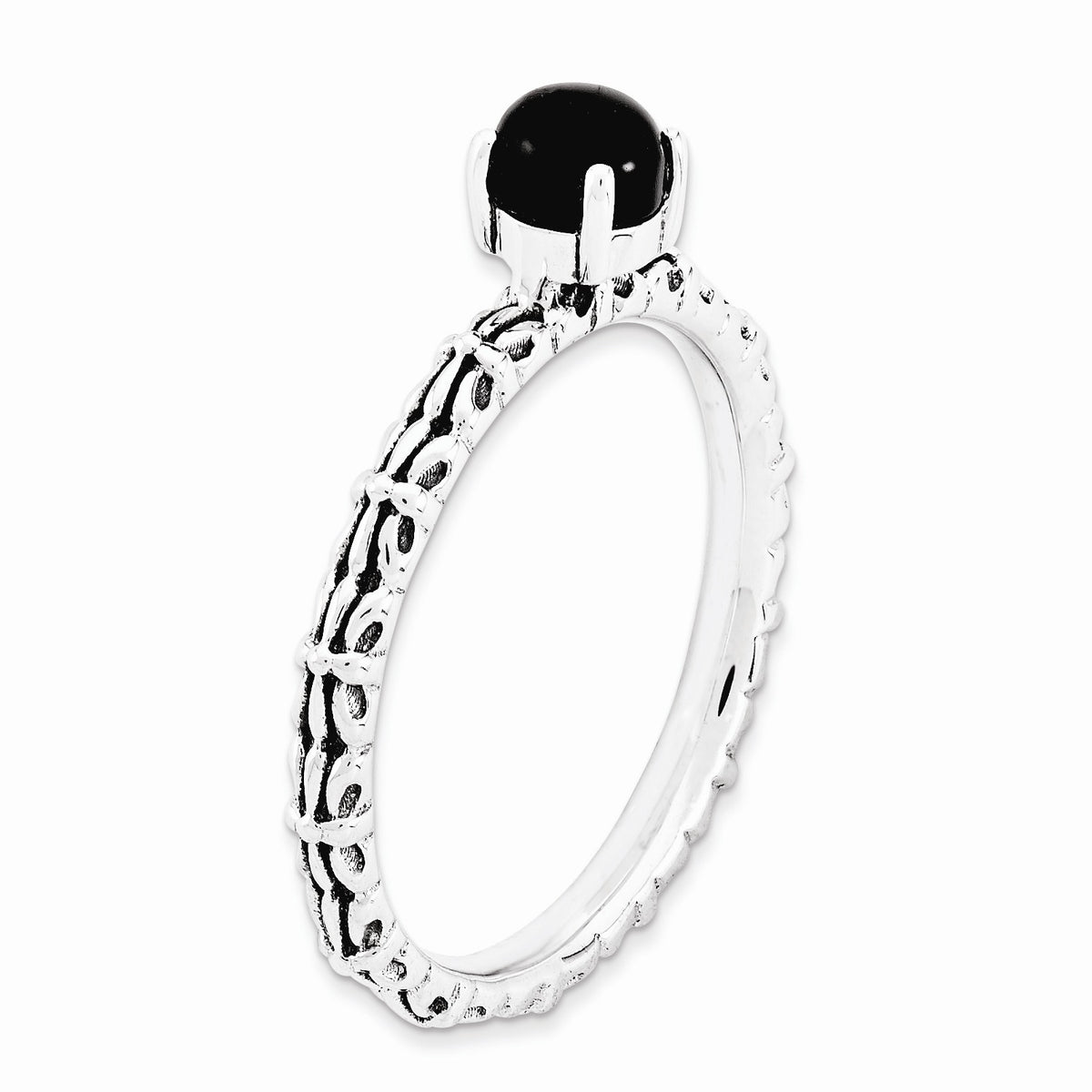 Alternate view of the Antiqued SS Stackable Black Agate Ring by The Black Bow Jewelry Co.