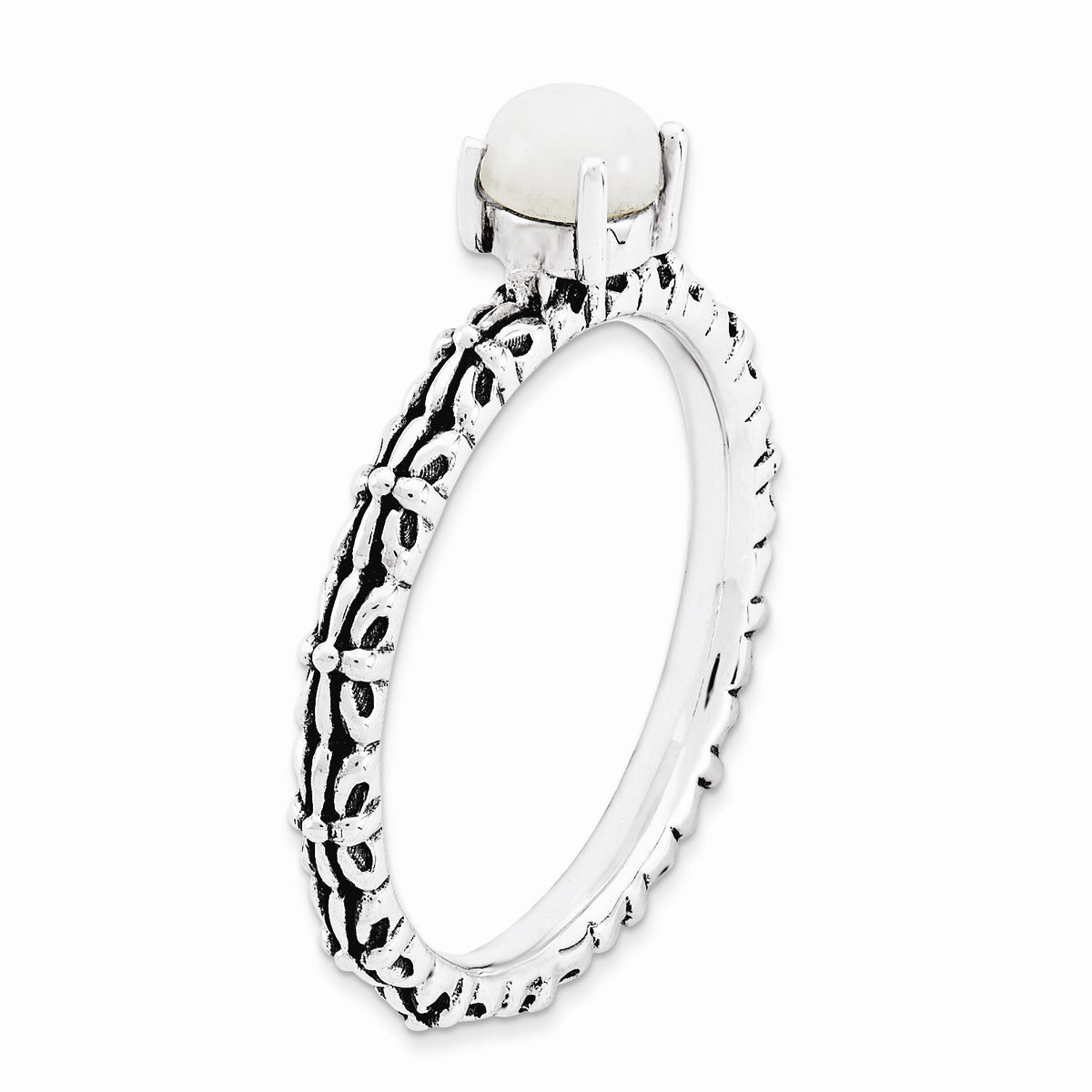 Alternate view of the Antiqued SS Stackable White Agate Ring by The Black Bow Jewelry Co.