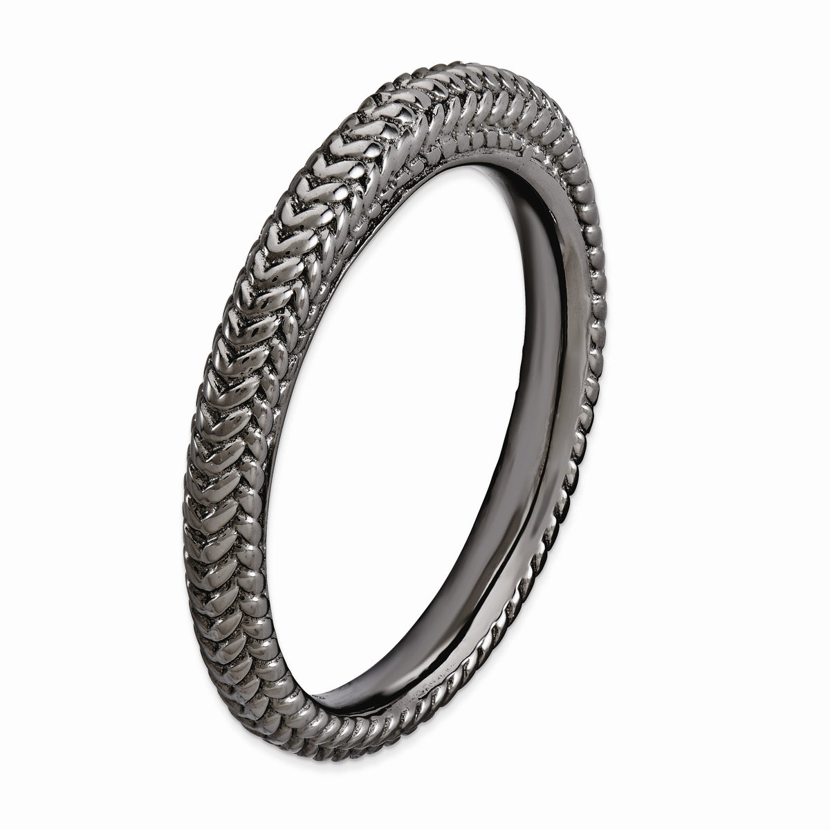 Alternate view of the Stackable Black Ruthenium Plated Silver Domed Wheat Band by The Black Bow Jewelry Co.