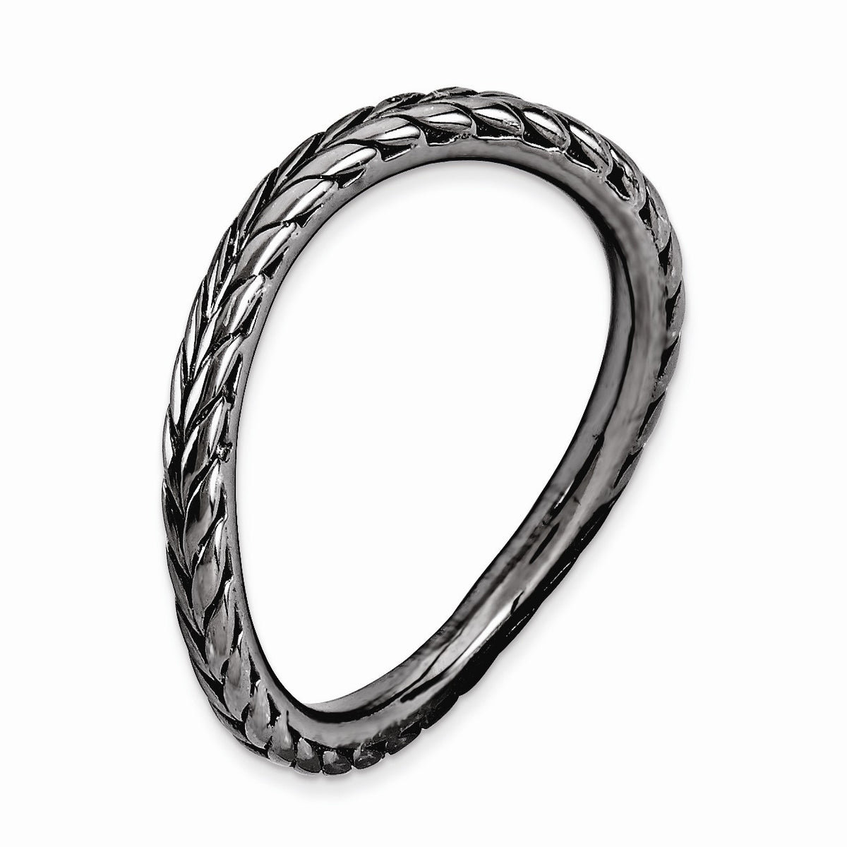 Alternate view of the 1.5mm Stackable Black Ruthenium plated Silver Curved Wheat Band, Sz 5 by The Black Bow Jewelry Co.
