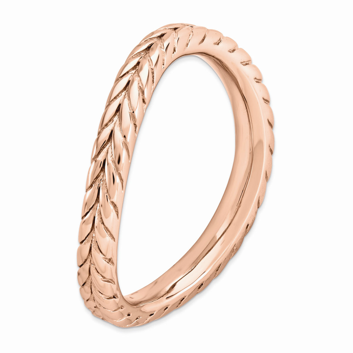 Alternate view of the 2.25mm Stackable 14K Rose Gold Plated Silver Curved Wheat Band by The Black Bow Jewelry Co.