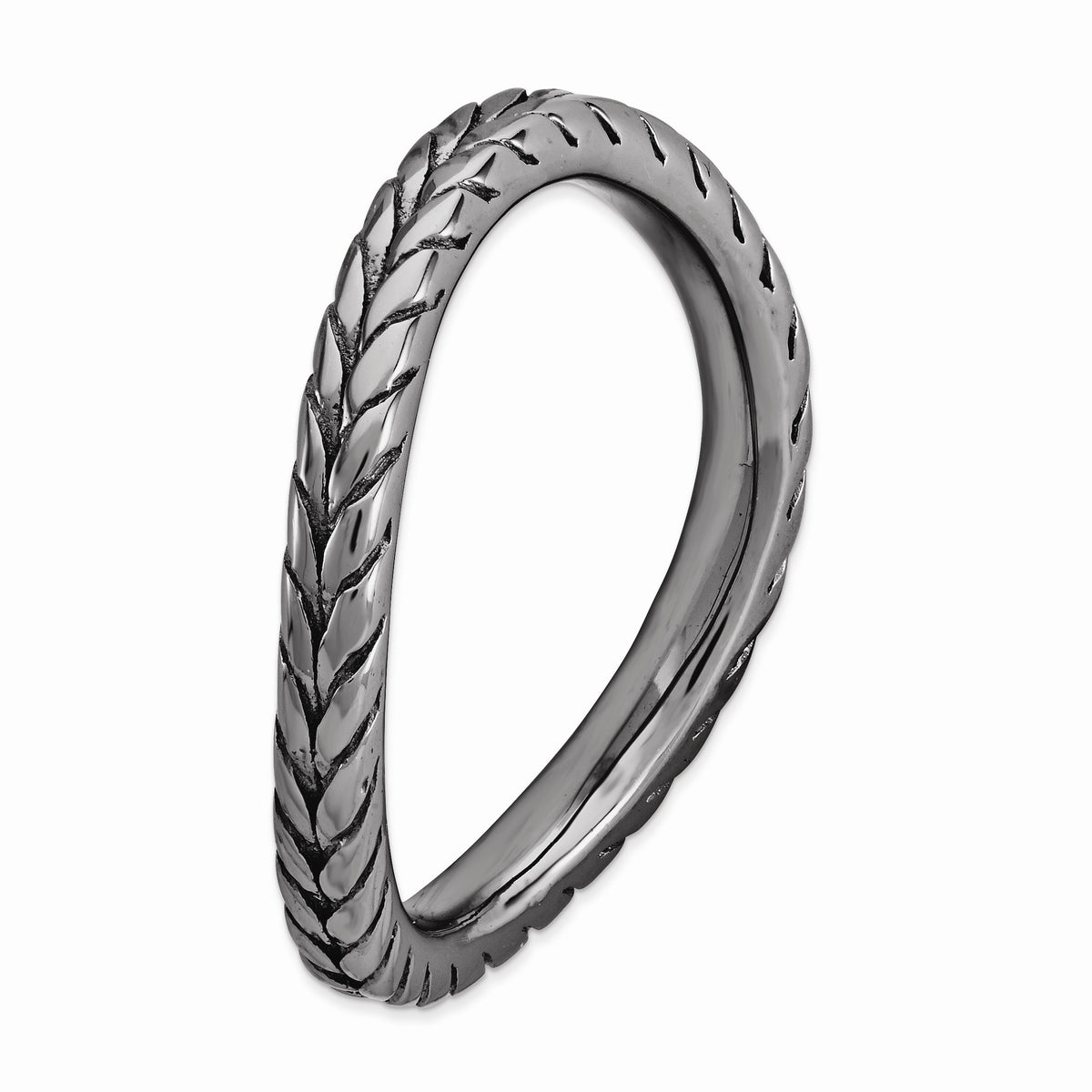 Alternate view of the 2.25mm Stackable Black Plated Silver Curved Wheat Band, Size 5 by The Black Bow Jewelry Co.