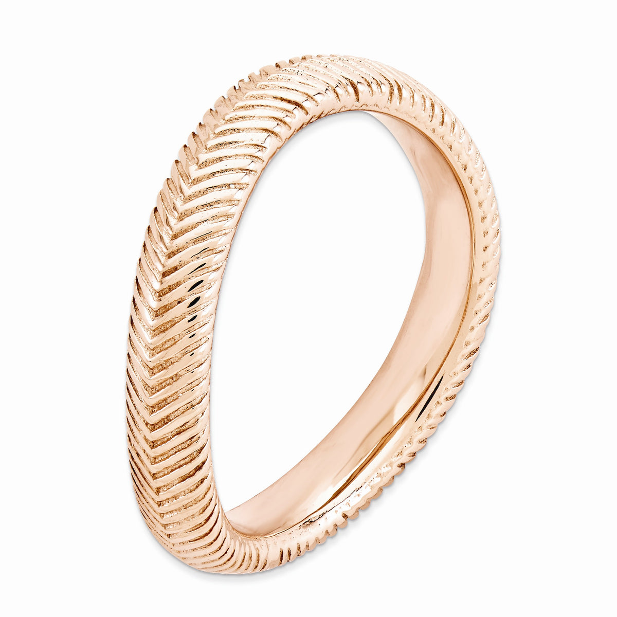 Alternate view of the 3.25mm Stackable 14K Rose Gold Plated Silver Curved Herringbone Band by The Black Bow Jewelry Co.