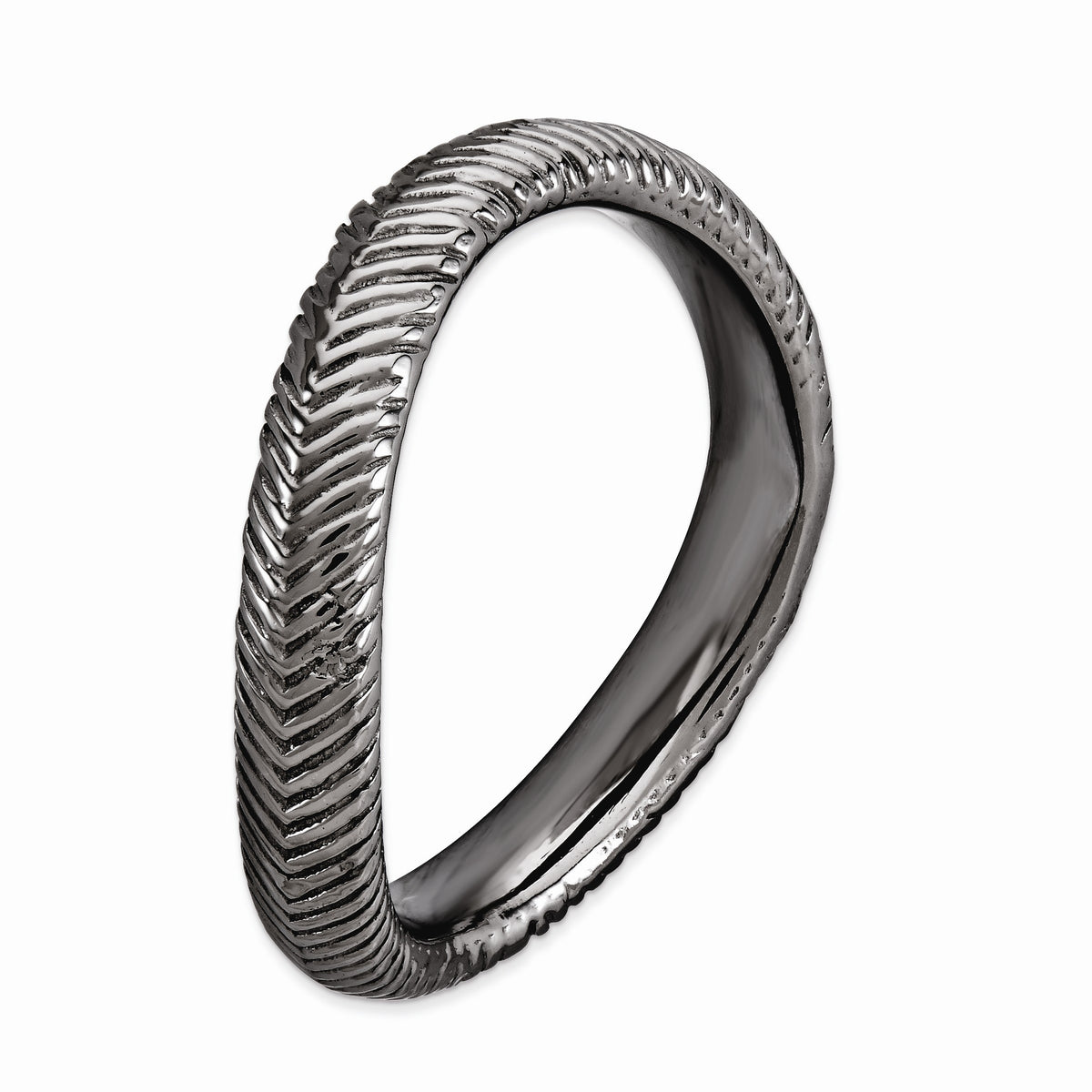 Alternate view of the 3.25mm Stackable Black Plated Silver Curved Herringbone Band, Size 5 by The Black Bow Jewelry Co.