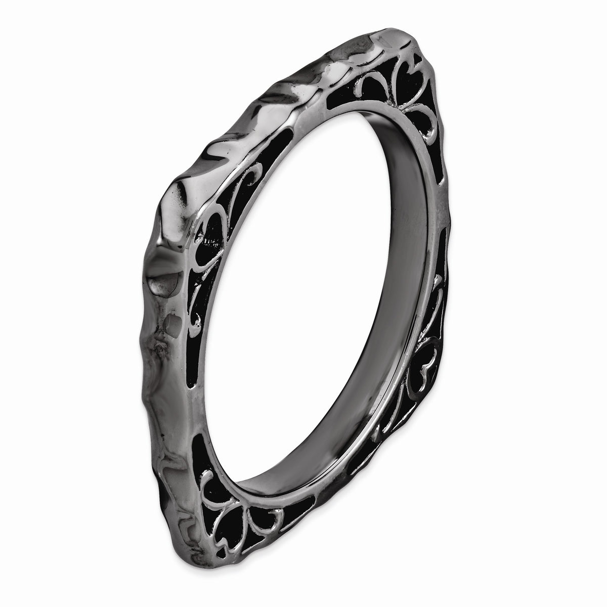 Alternate view of the 2.25mm Stackable Black Plated Silver Square Hammered Scroll Band, Sz 5 by The Black Bow Jewelry Co.