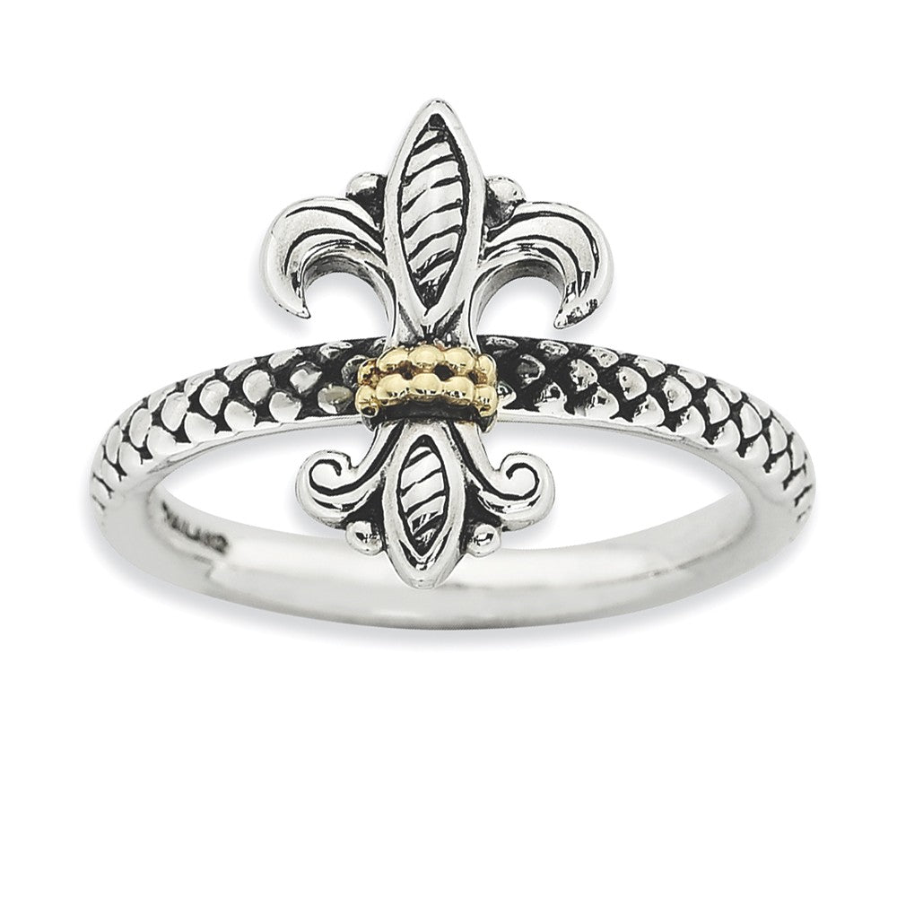 2.5mm Stackable Antiqued Silver &amp; 14K Gold Plated Fleur de lis Ring, Item R9202 by The Black Bow Jewelry Co.