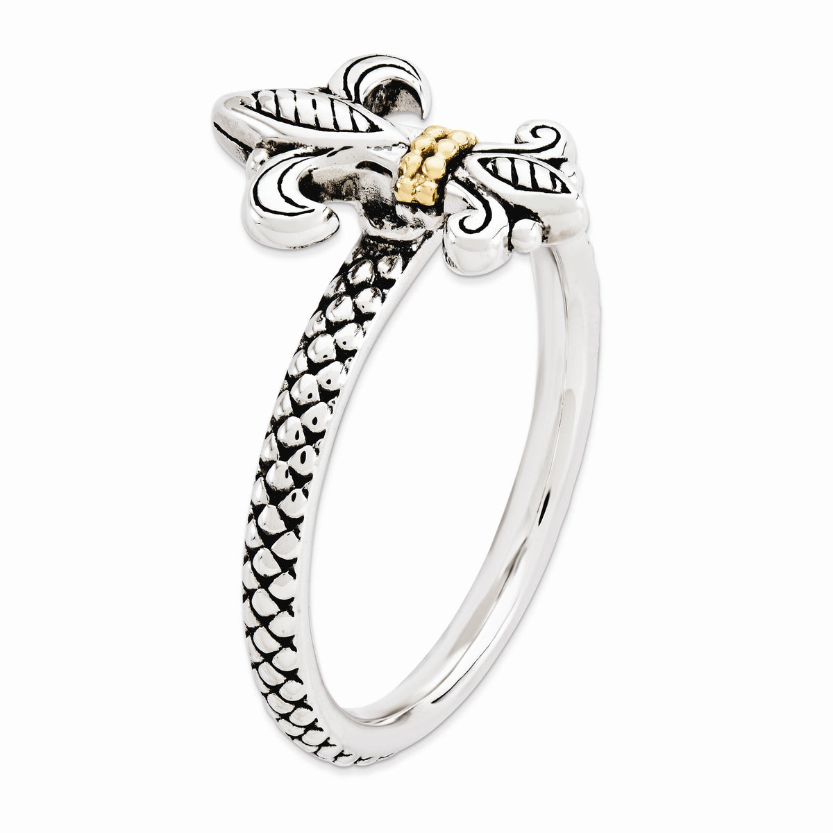 Alternate view of the 2.5mm Stackable Antiqued Silver &amp; 14K Gold Plated Fleur de lis Ring by The Black Bow Jewelry Co.