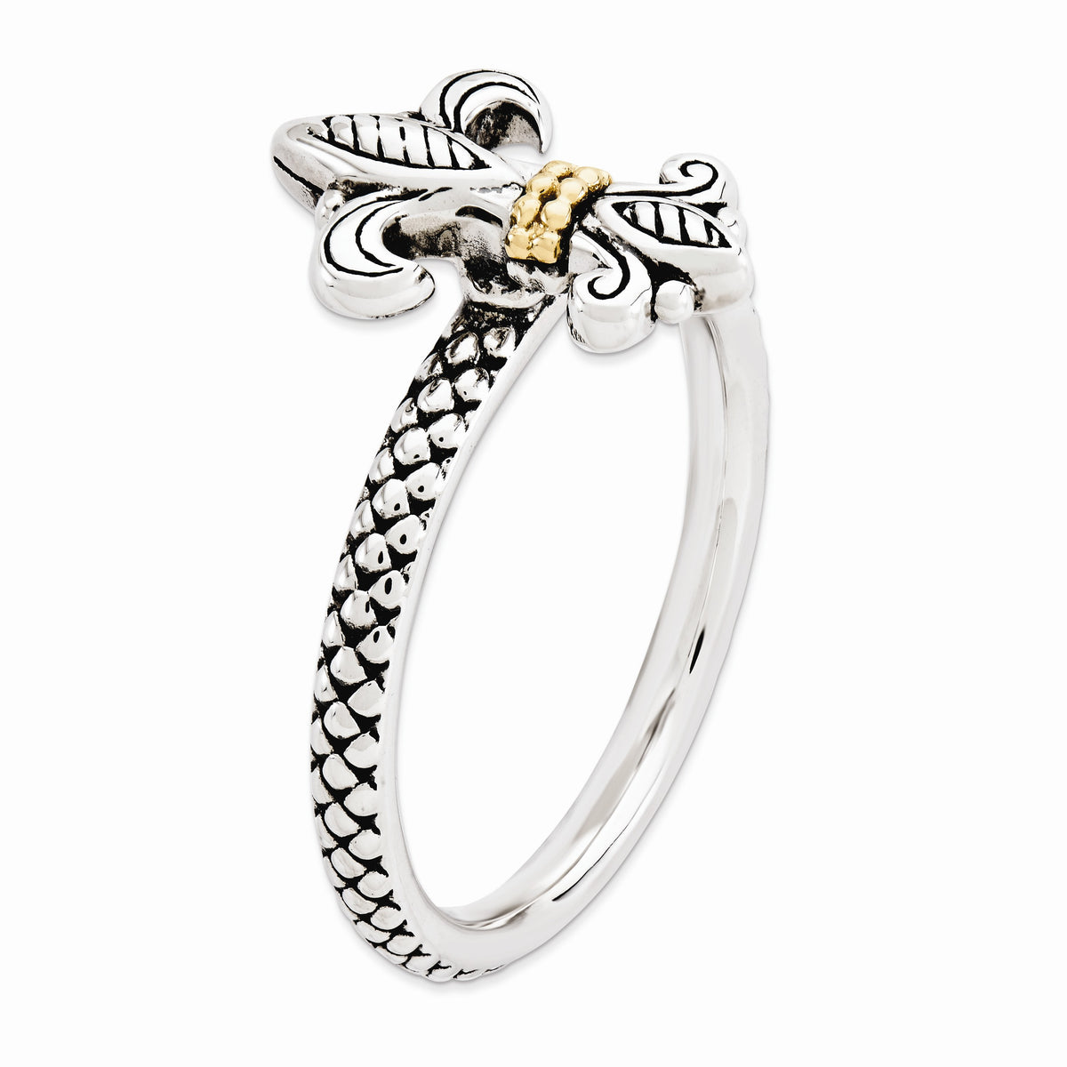 Alternate view of the 2.5mm Stackable Antiqued Silver & 14K Gold Plated Fleur de lis Ring by The Black Bow Jewelry Co.