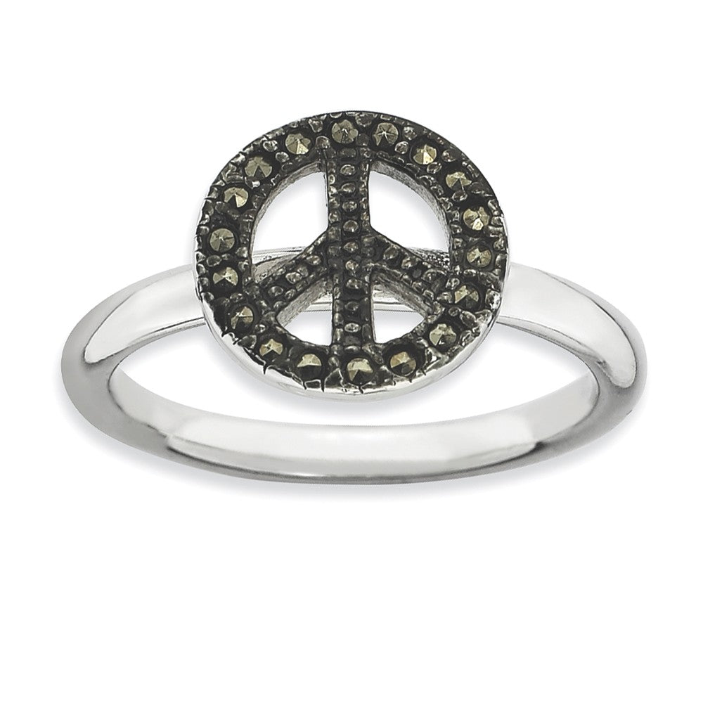 2.25mm Sterling Silver Stackable Marcasite Peace Sign Ring, Item R9207 by The Black Bow Jewelry Co.