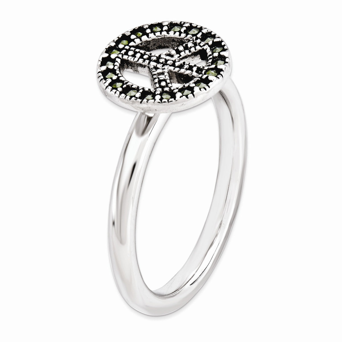 Alternate view of the 2.25mm Sterling Silver Stackable Marcasite Peace Sign Ring by The Black Bow Jewelry Co.