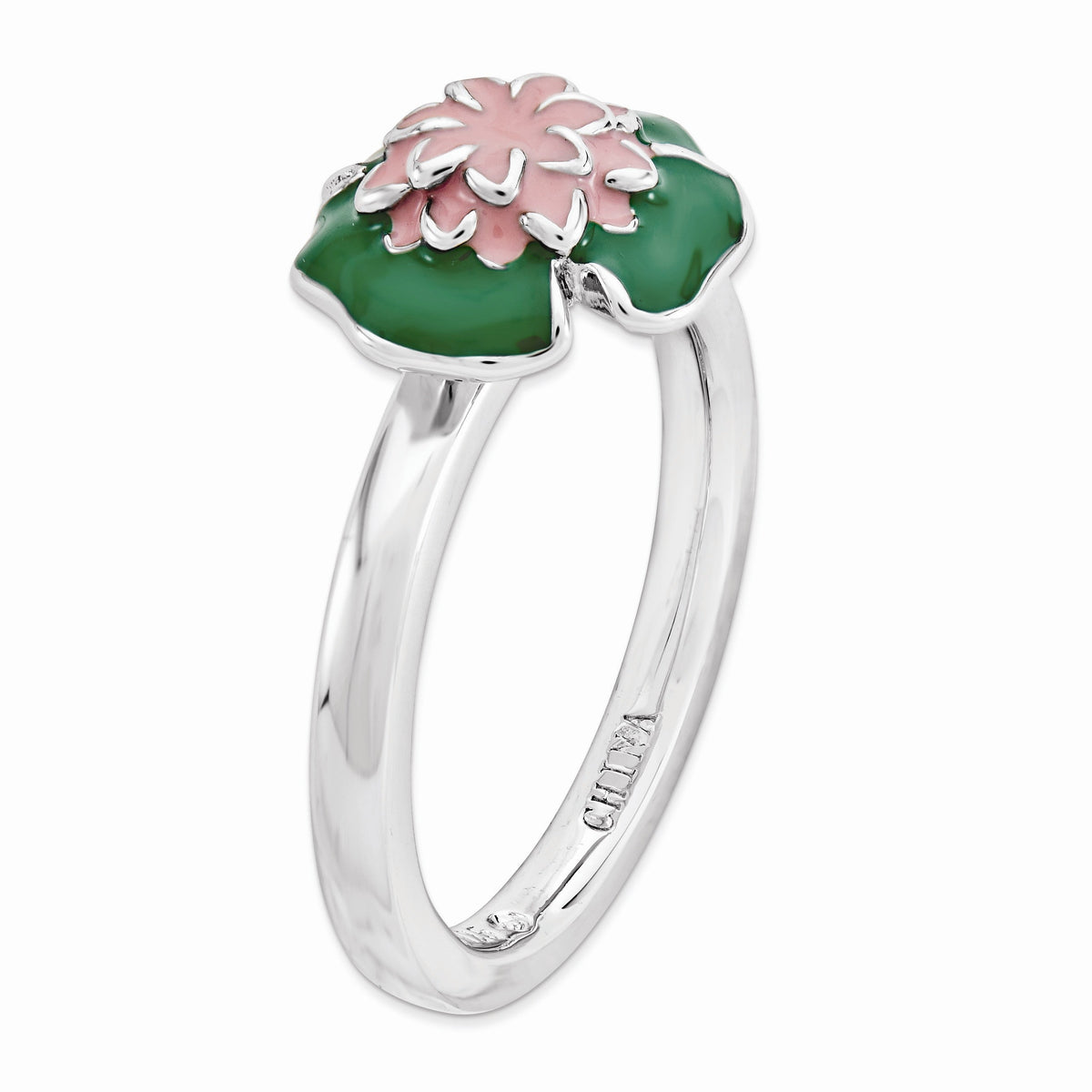 Alternate view of the 2.25mm Sterling Silver Stackable Enameled Water Lily Ring by The Black Bow Jewelry Co.