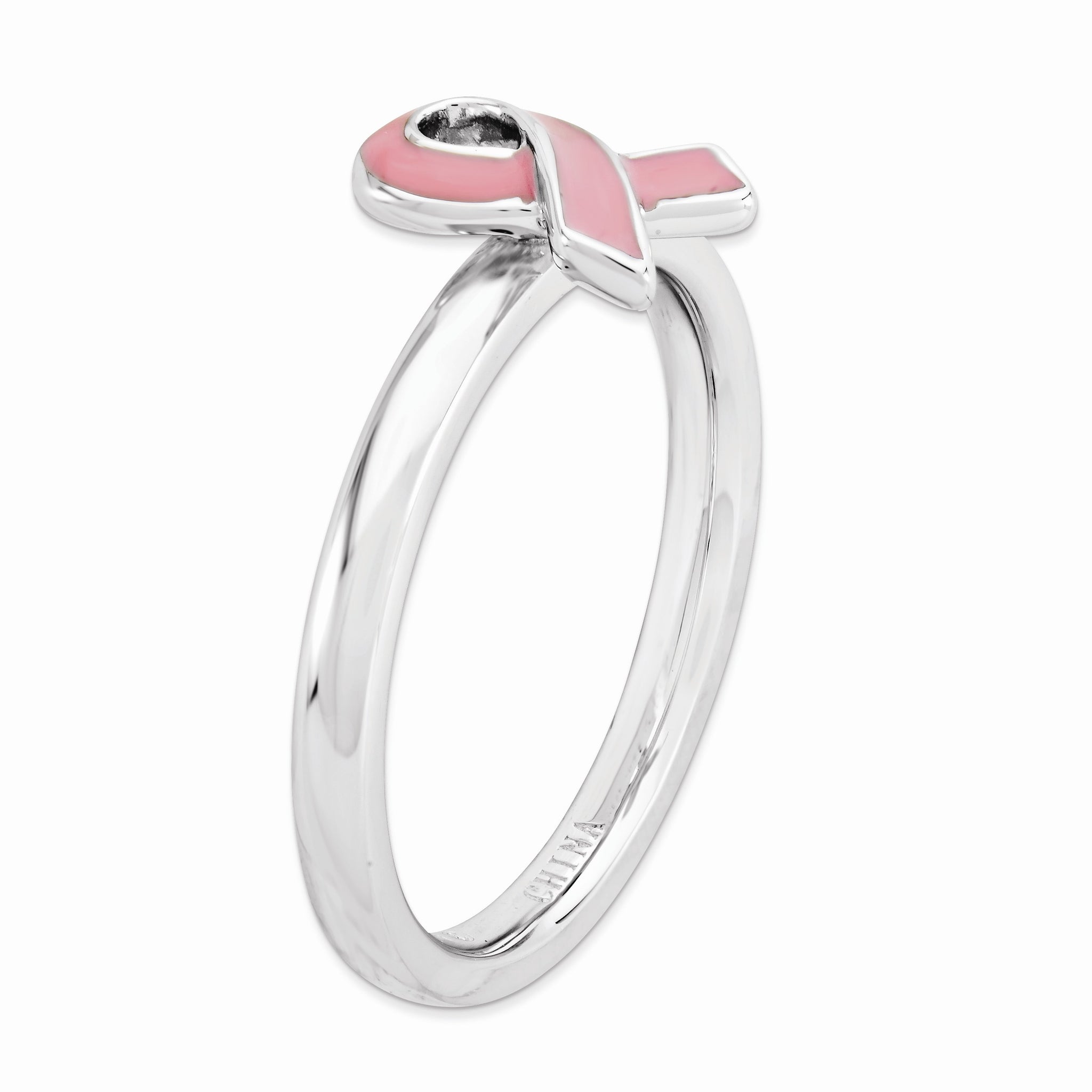 Silver Stackable Pink Enamel Awareness Ribbon Ring Black Bow