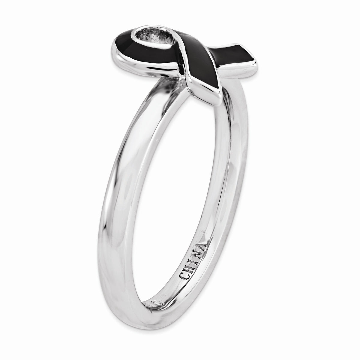 Alternate view of the Silver Stackable Black Enamel Awareness Ribbon Ring by The Black Bow Jewelry Co.