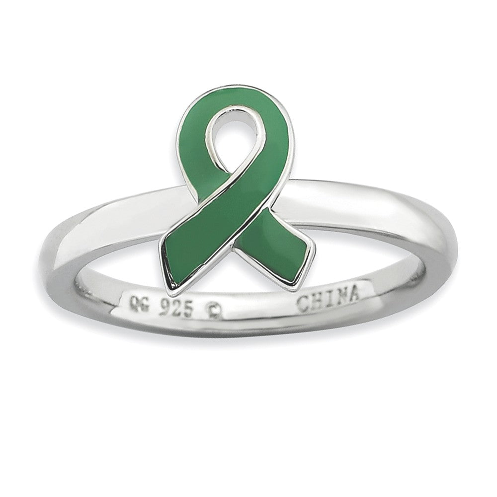 Silver Stackable Green Enamel Awareness Ribbon Ring, Item R9239 by The Black Bow Jewelry Co.