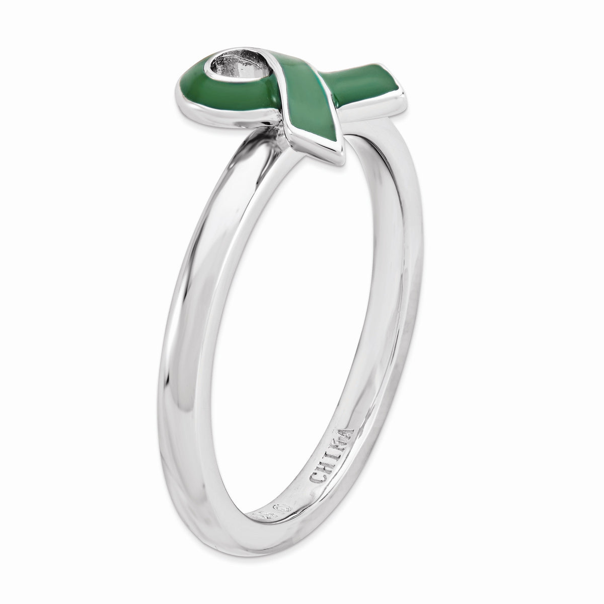 Alternate view of the Silver Stackable Green Enamel Awareness Ribbon Ring by The Black Bow Jewelry Co.