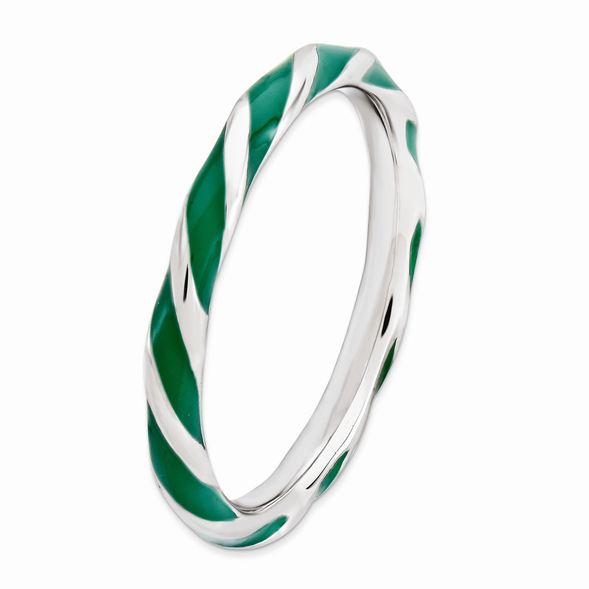 Alternate view of the 2.4mm Silver Twisted Green Enameled Stackable Band Size 5 by The Black Bow Jewelry Co.