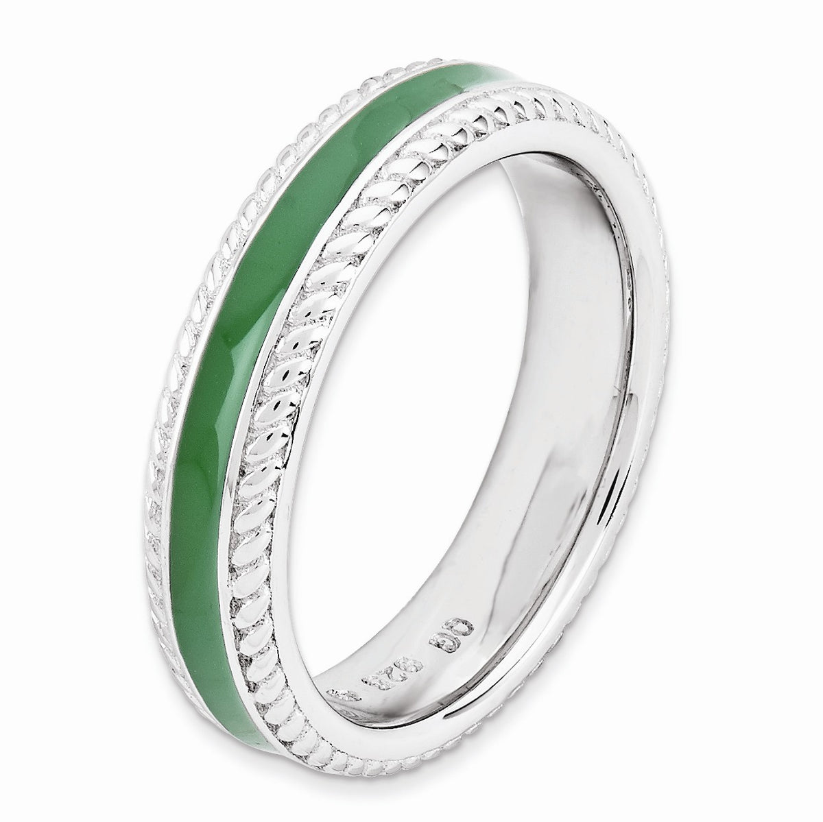 Alternate view of the 4.5mm Sterling Silver Green Enamel Stackable Rope Edged Band by The Black Bow Jewelry Co.