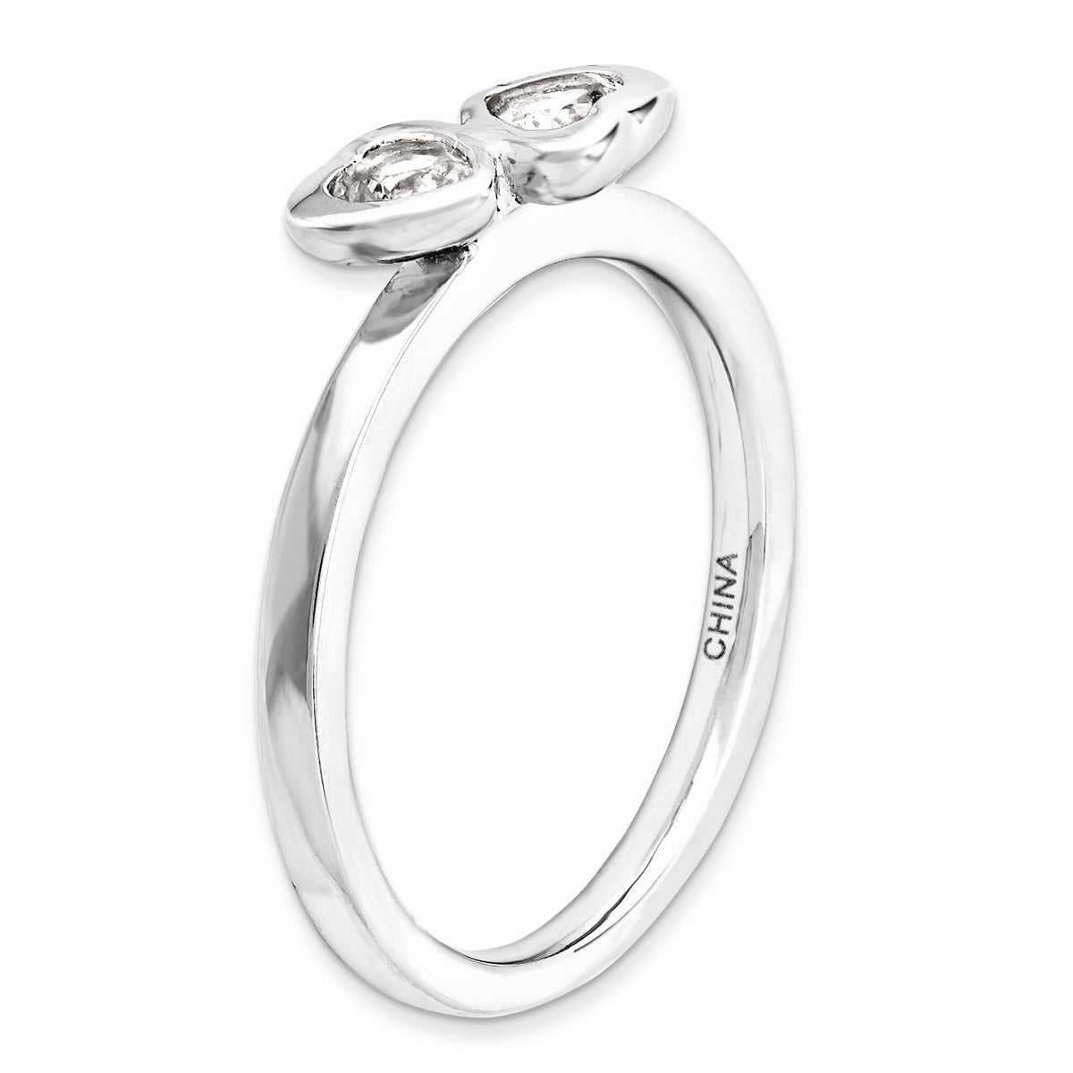 Alternate view of the Sterling Silver Stackable Double Heart White Topaz Ring, Size 5 by The Black Bow Jewelry Co.
