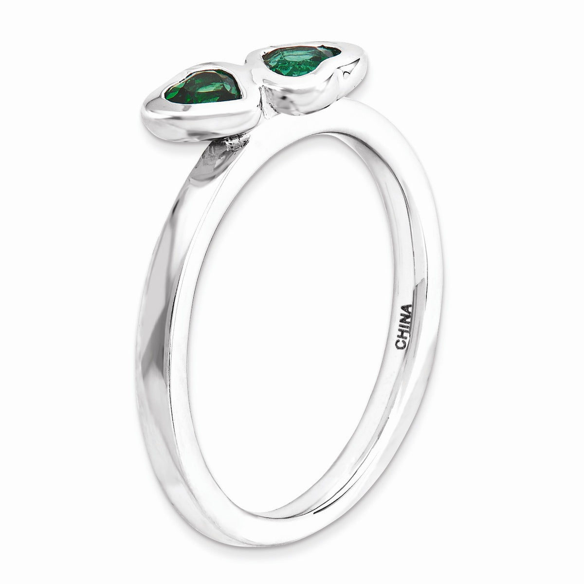 Alternate view of the Sterling Silver Stackable Double Heart Created Emerald Ring, Size 5 by The Black Bow Jewelry Co.