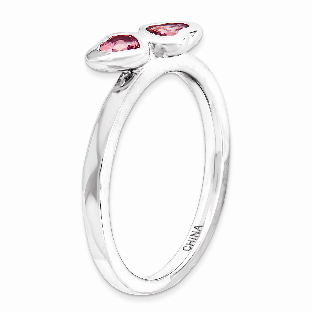 Alternate view of the Sterling Silver Stackable Double Heart Pink Tourmaline Ring, Size 5 by The Black Bow Jewelry Co.