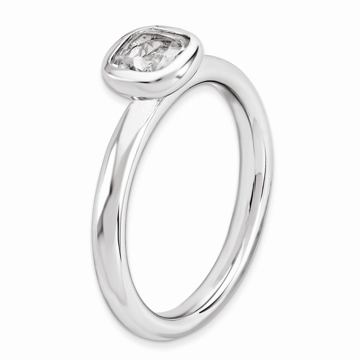 Alternate view of the Silver Stackable Cushion Cut White Topaz Solitaire Ring, Size 5 by The Black Bow Jewelry Co.