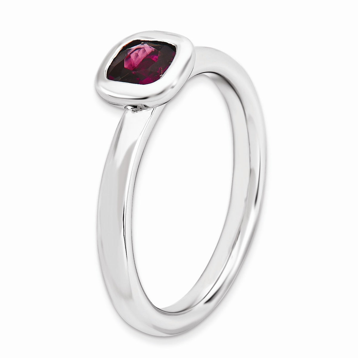 Alternate view of the Silver Stackable Cushion Cut Rhodolite Garnet Solitaire Ring by The Black Bow Jewelry Co.