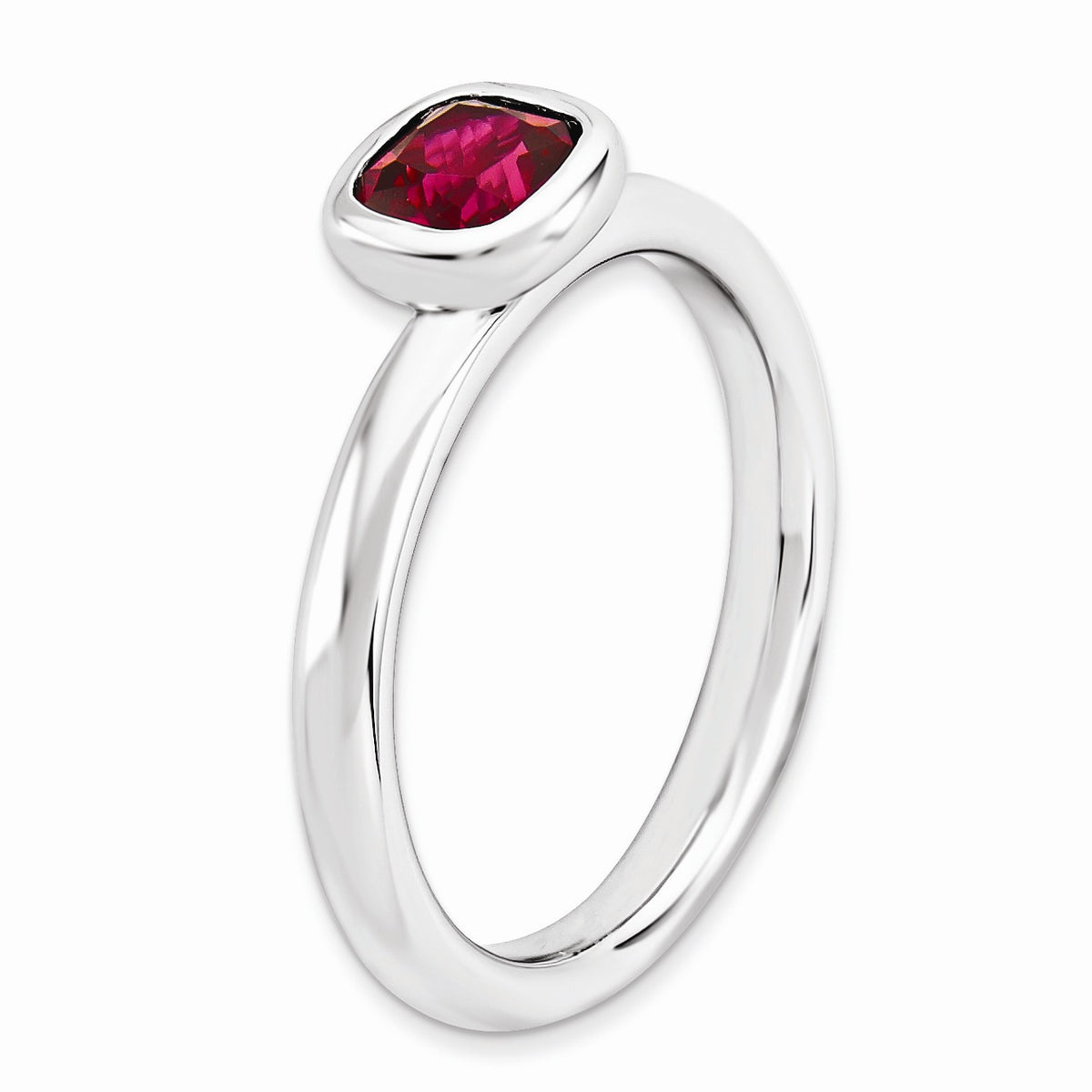 Alternate view of the Sterling Silver Stackable Cushion Cut Created Ruby Solitaire Ring by The Black Bow Jewelry Co.