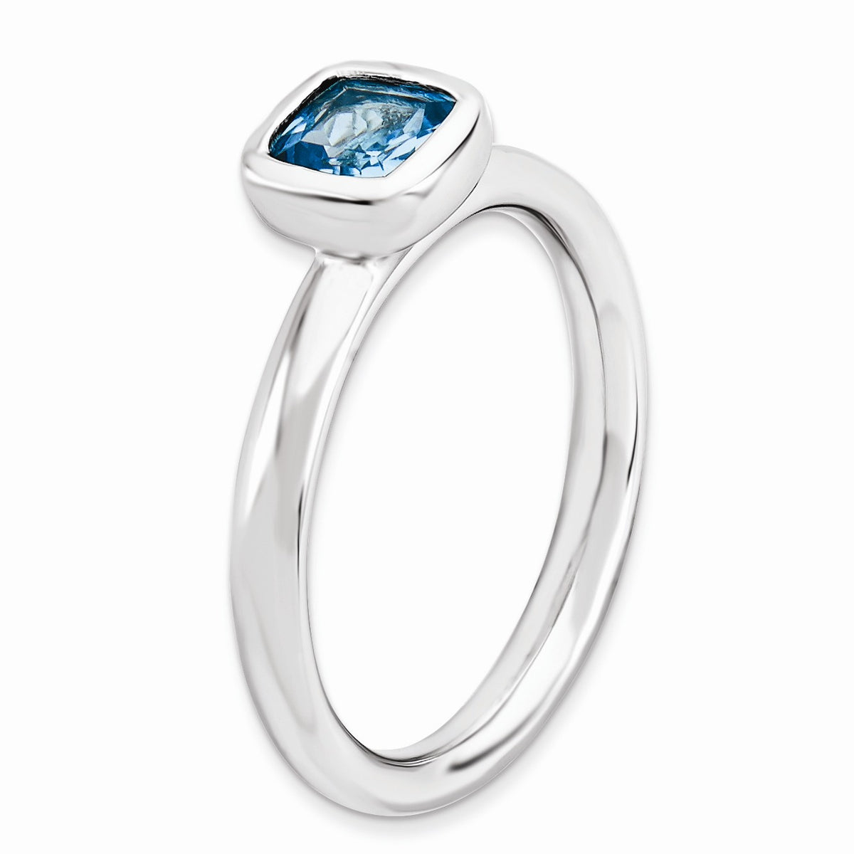 Alternate view of the Silver Stackable Cushion Cut Blue Topaz Solitaire Ring by The Black Bow Jewelry Co.
