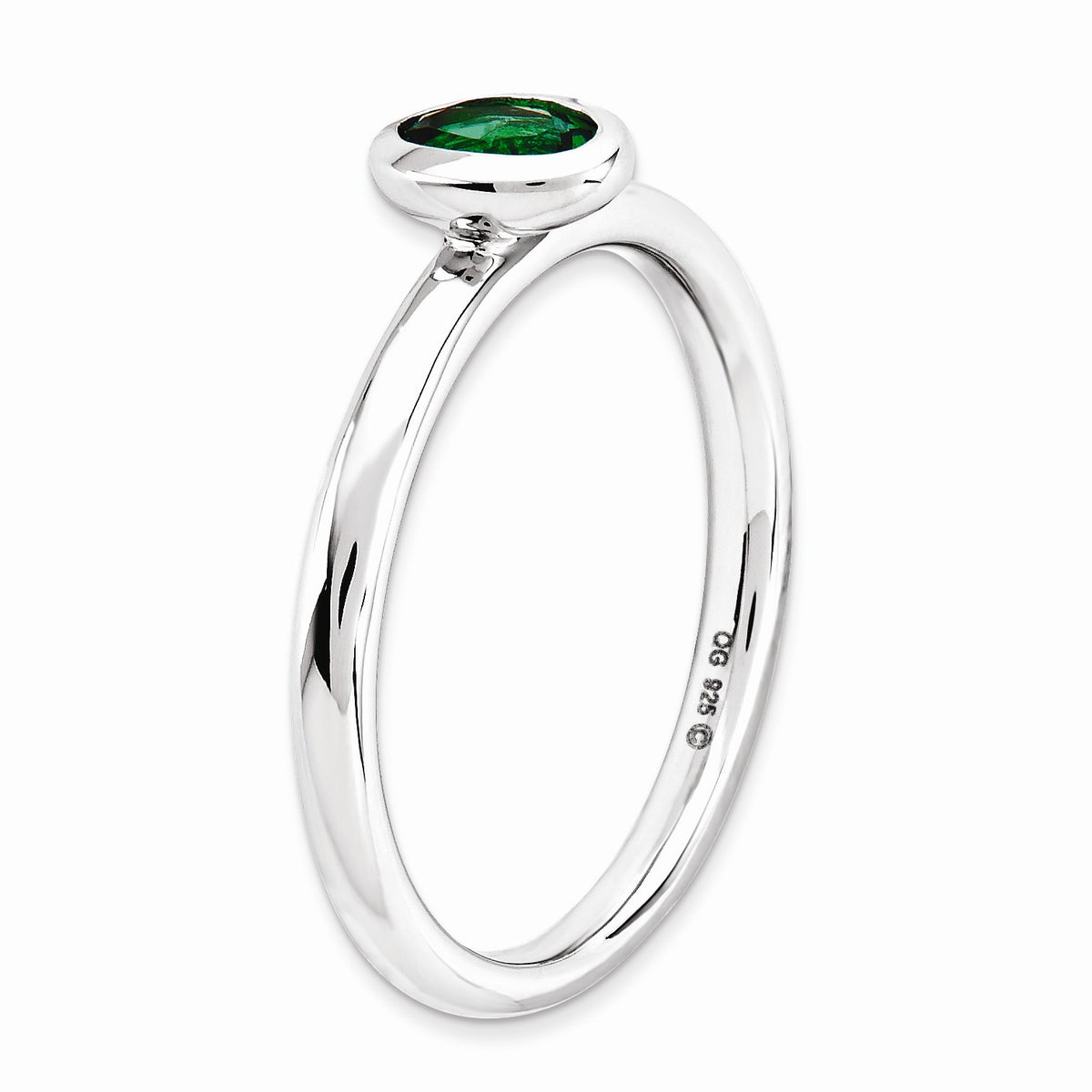 Alternate view of the Silver Stackable Oval Created Emerald Solitaire Ring, Size 5 by The Black Bow Jewelry Co.