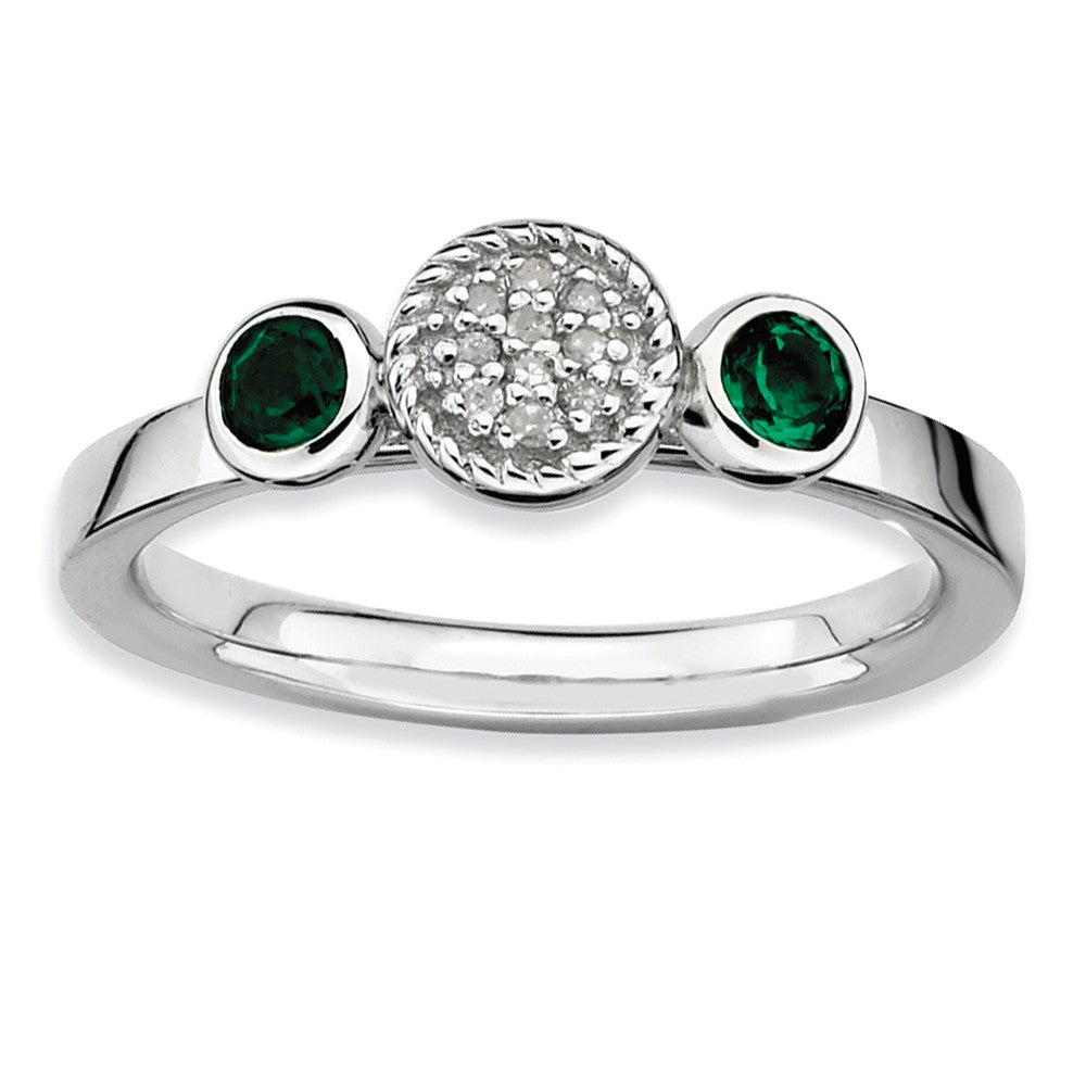 Sterling Silver Stackable Created Emerald & .05 Ctw HI/I3 Diamond Ring, Item R9353 by The Black Bow Jewelry Co.