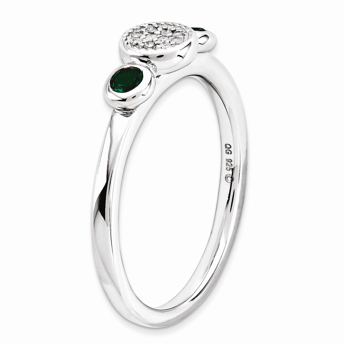 Alternate view of the Sterling Silver Stackable Created Emerald & .05 Ctw HI/I3 Diamond Ring by The Black Bow Jewelry Co.